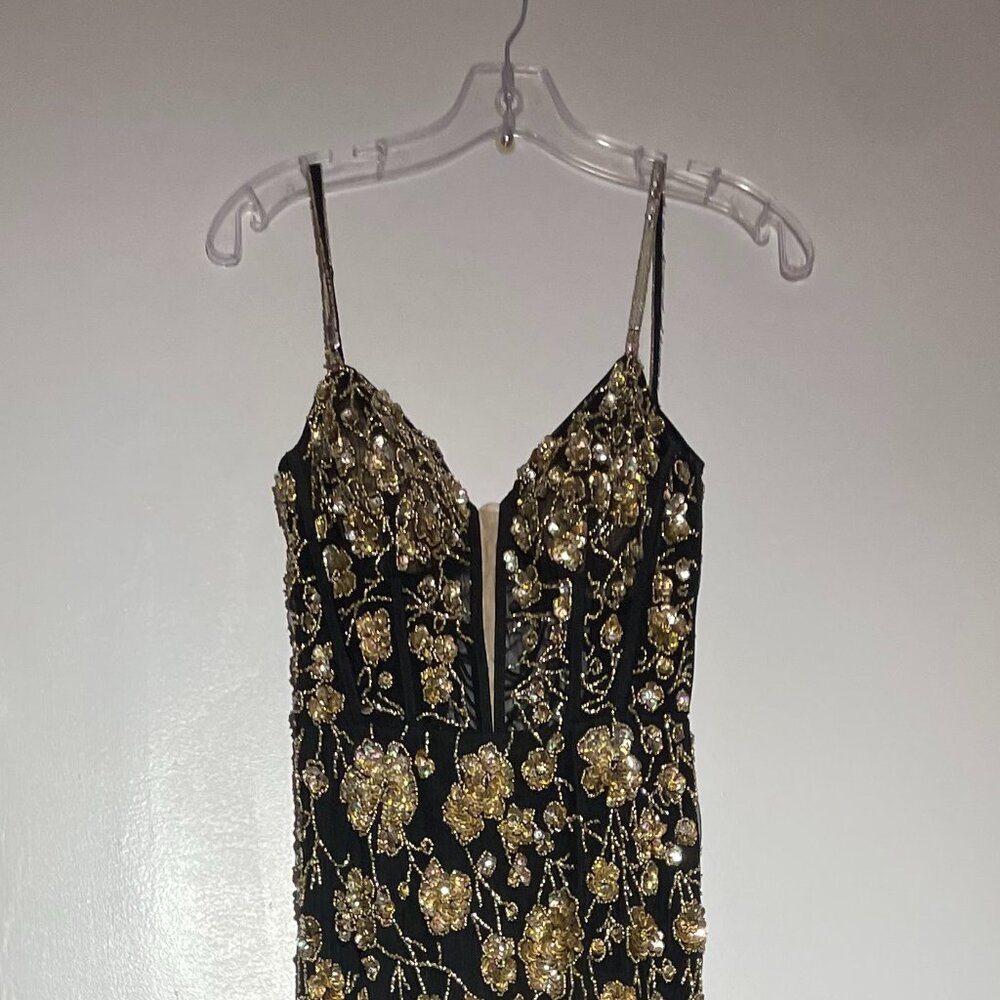 Amarra Formal Full Length Gown Black w/ Gold Floral Beading Size 2